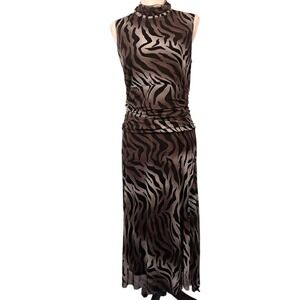 KATE & LILY 10 Sleeveless Maxi Dress Zebra Print Ruched‎ Waist Sheer Mesh Slinky